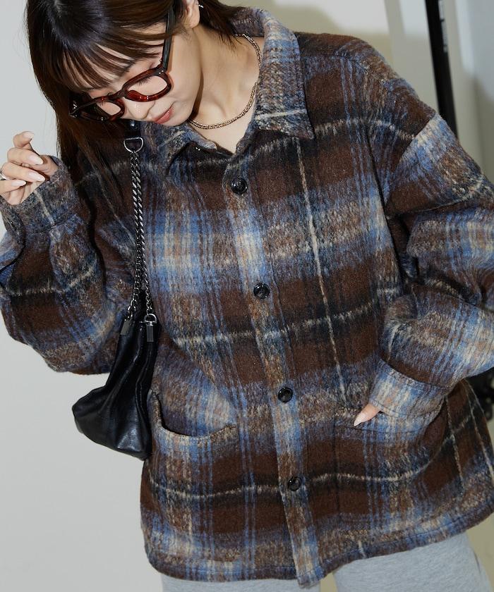 長毛格紋寬鬆夾克