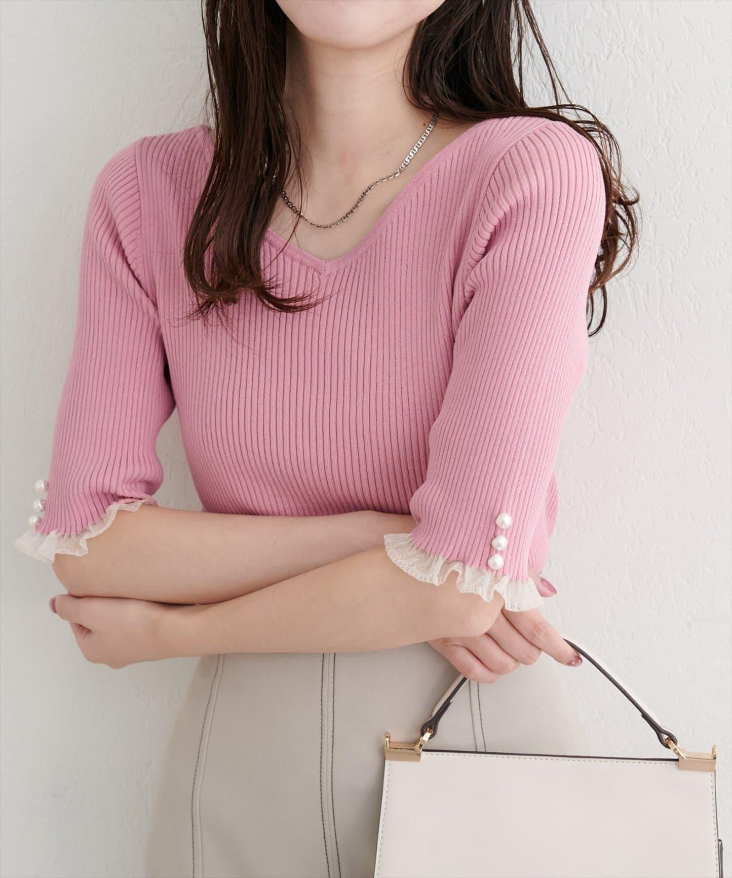 【natural couture】前後兩穿透視荷葉邊羅紋針織衫