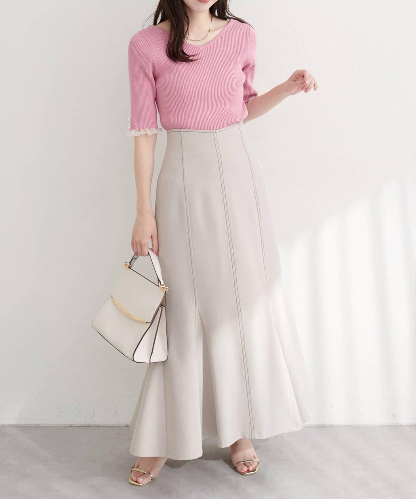 【natural couture】前後兩穿透視荷葉邊羅紋針織衫