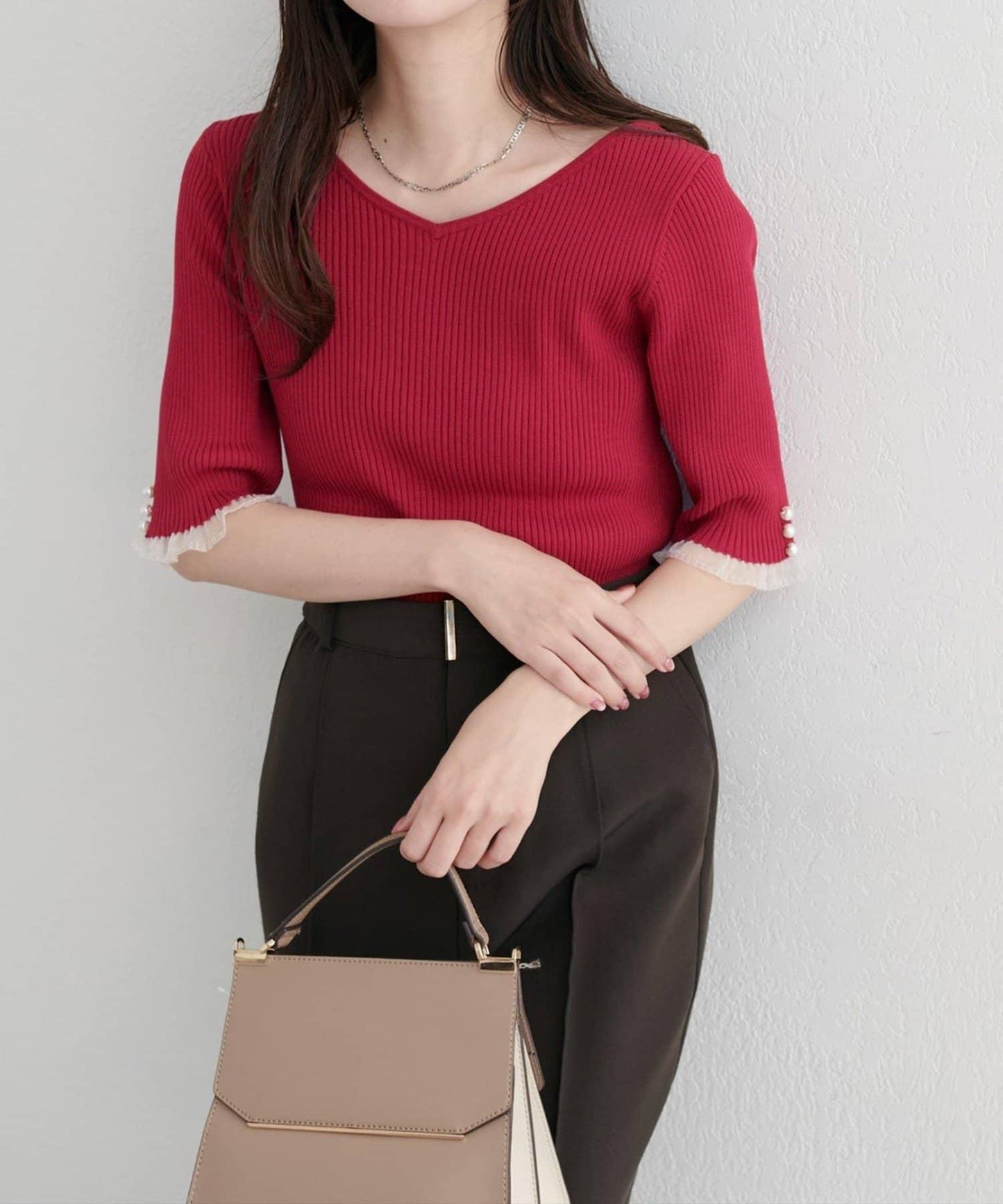 【natural couture】前後兩穿透視荷葉邊羅紋針織衫