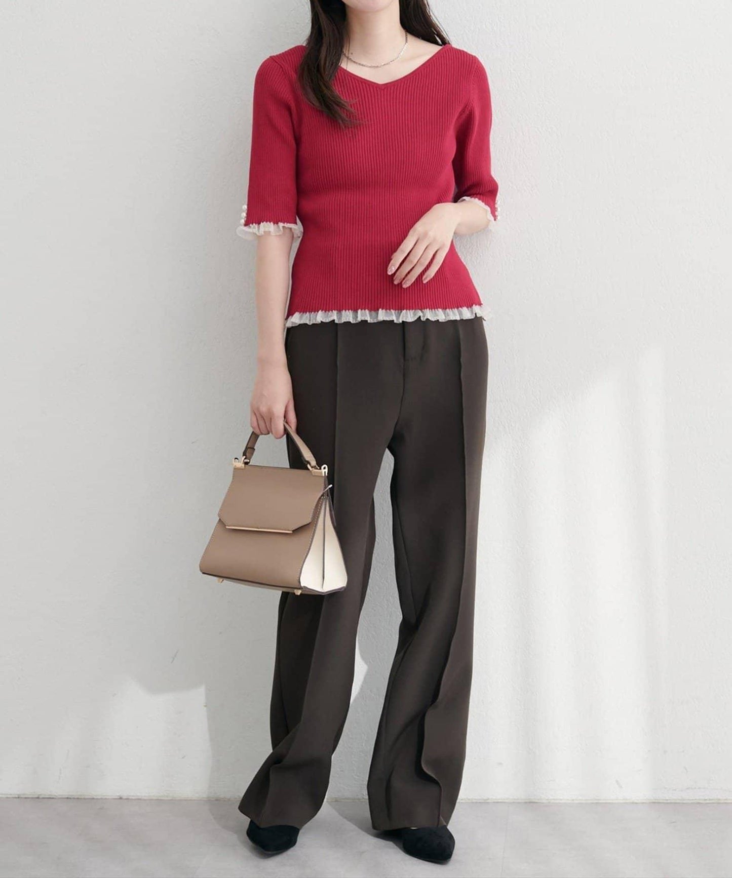 【natural couture】前後兩穿透視荷葉邊羅紋針織衫