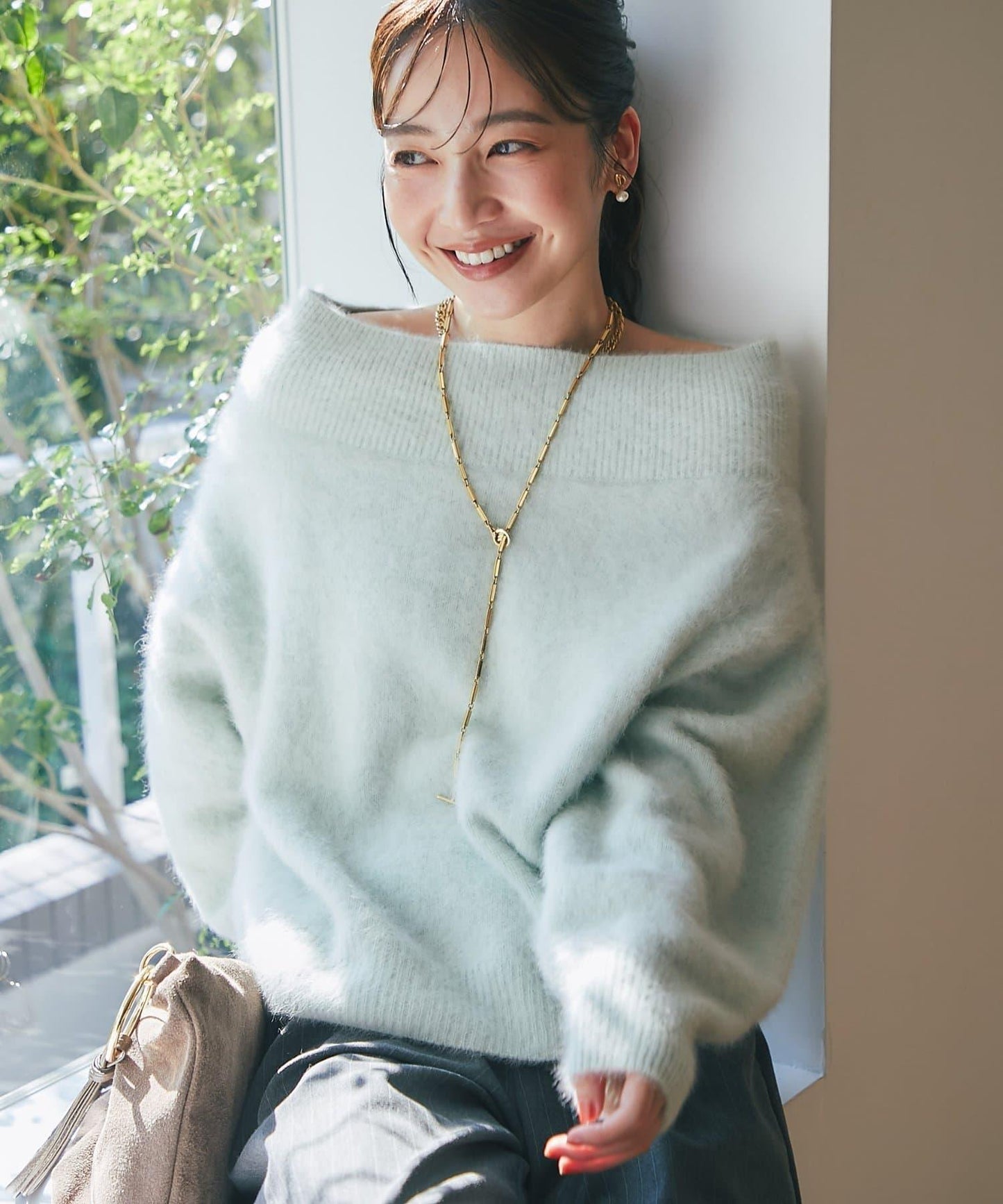 大人風格針織 毛絨羊毛羊絨混紡羅紋領一字肩針織衫