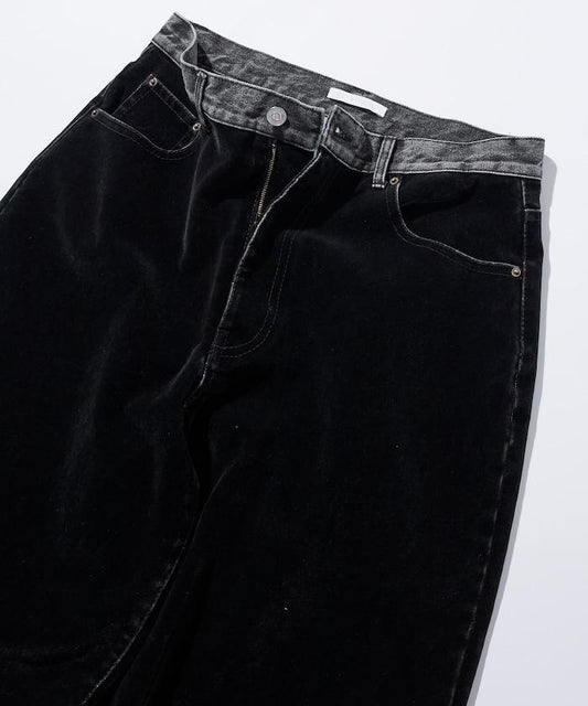 植絨牛仔拼接寬鬆直筒褲