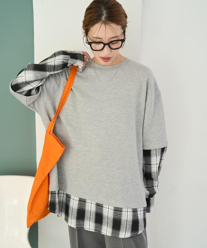 格子襯衫拼接內刷毛套頭衫