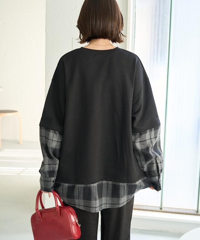 格子襯衫拼接內刷毛套頭衫