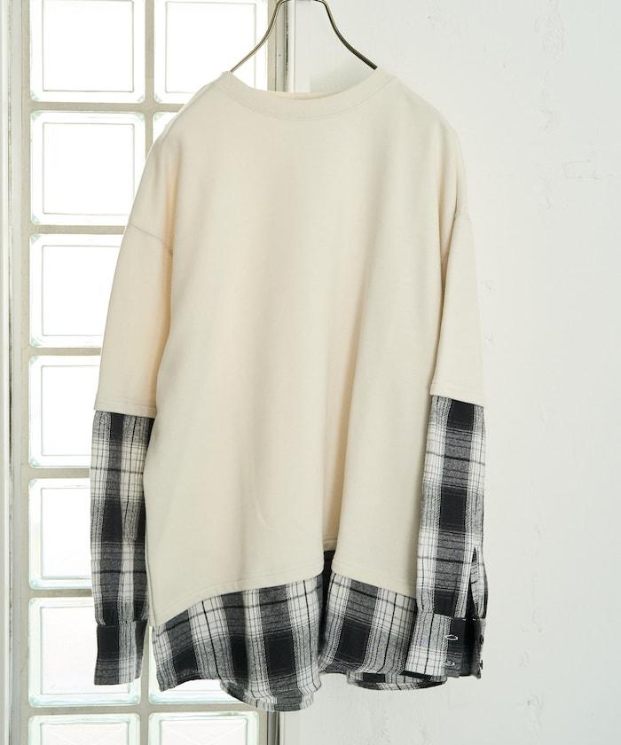 格子襯衫拼接內刷毛套頭衫