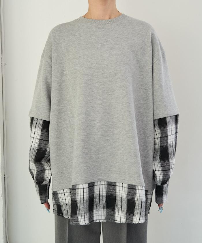 格子襯衫拼接內刷毛套頭衫