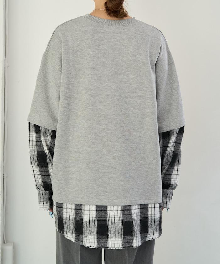 格子襯衫拼接內刷毛套頭衫