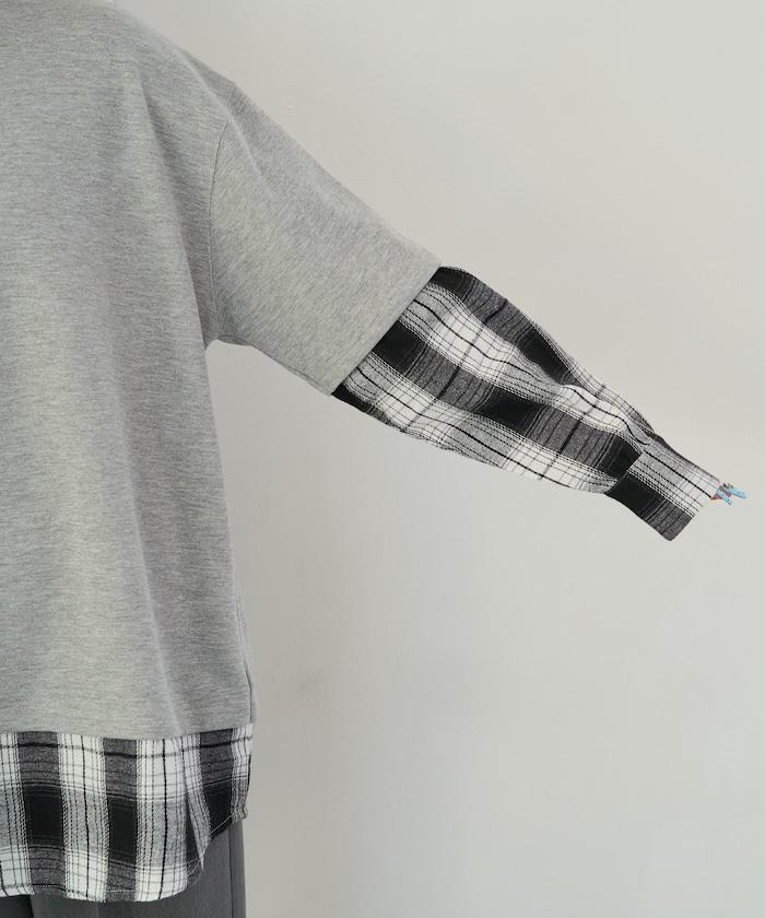 格子襯衫拼接內刷毛套頭衫