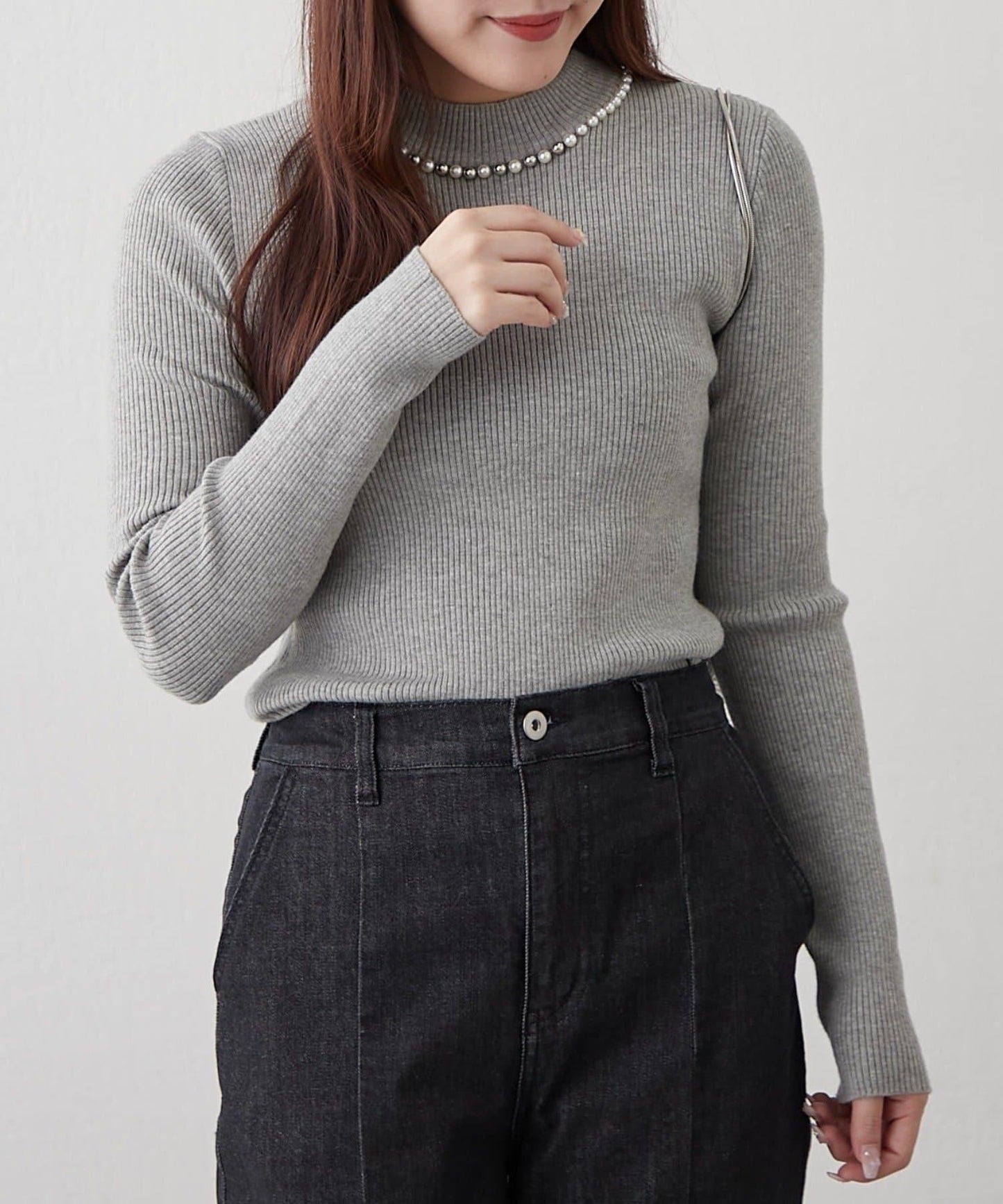 【RMAF】珍珠裝飾小高領羅紋針織衫