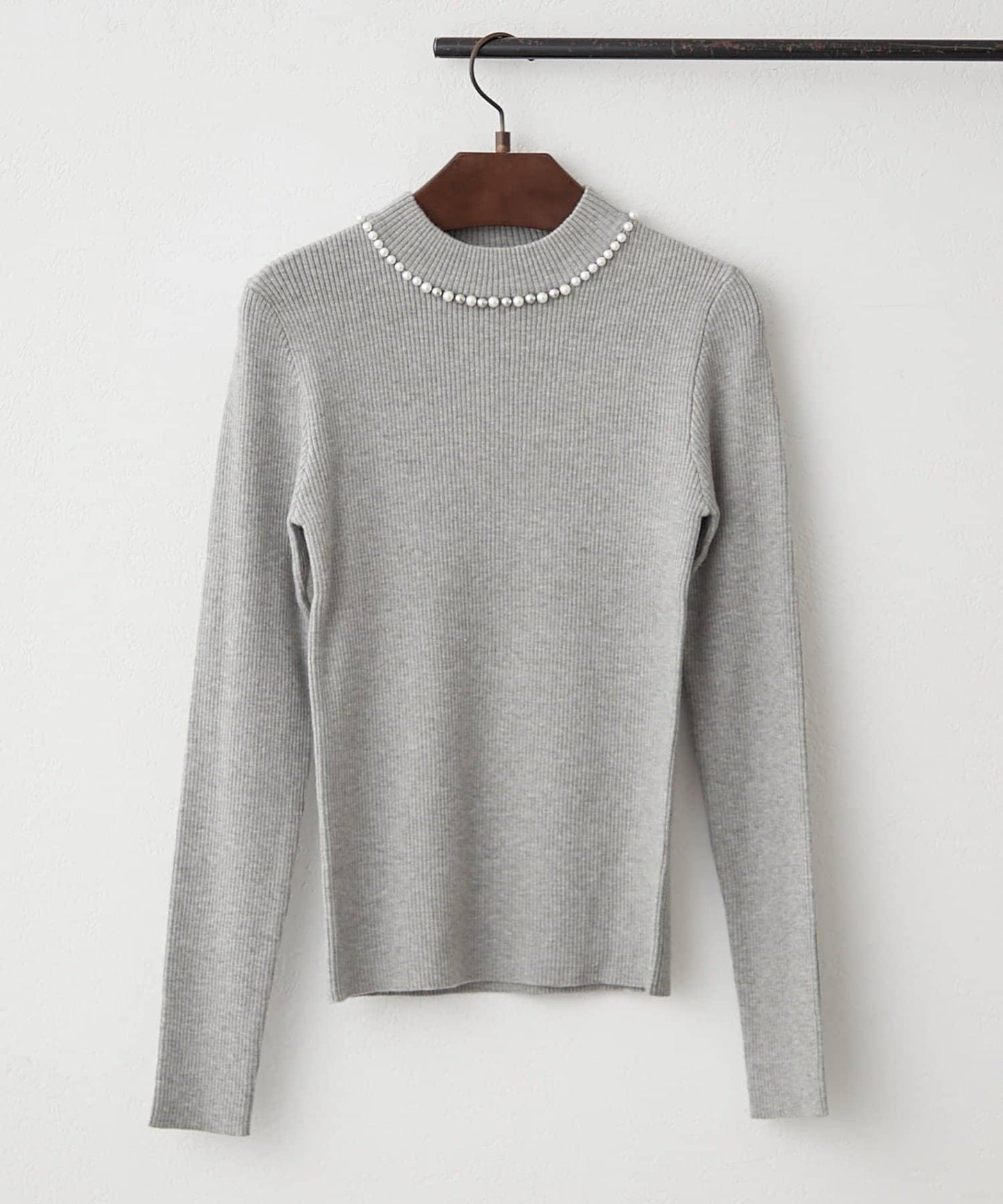 【RMAF】珍珠裝飾小高領羅紋針織衫