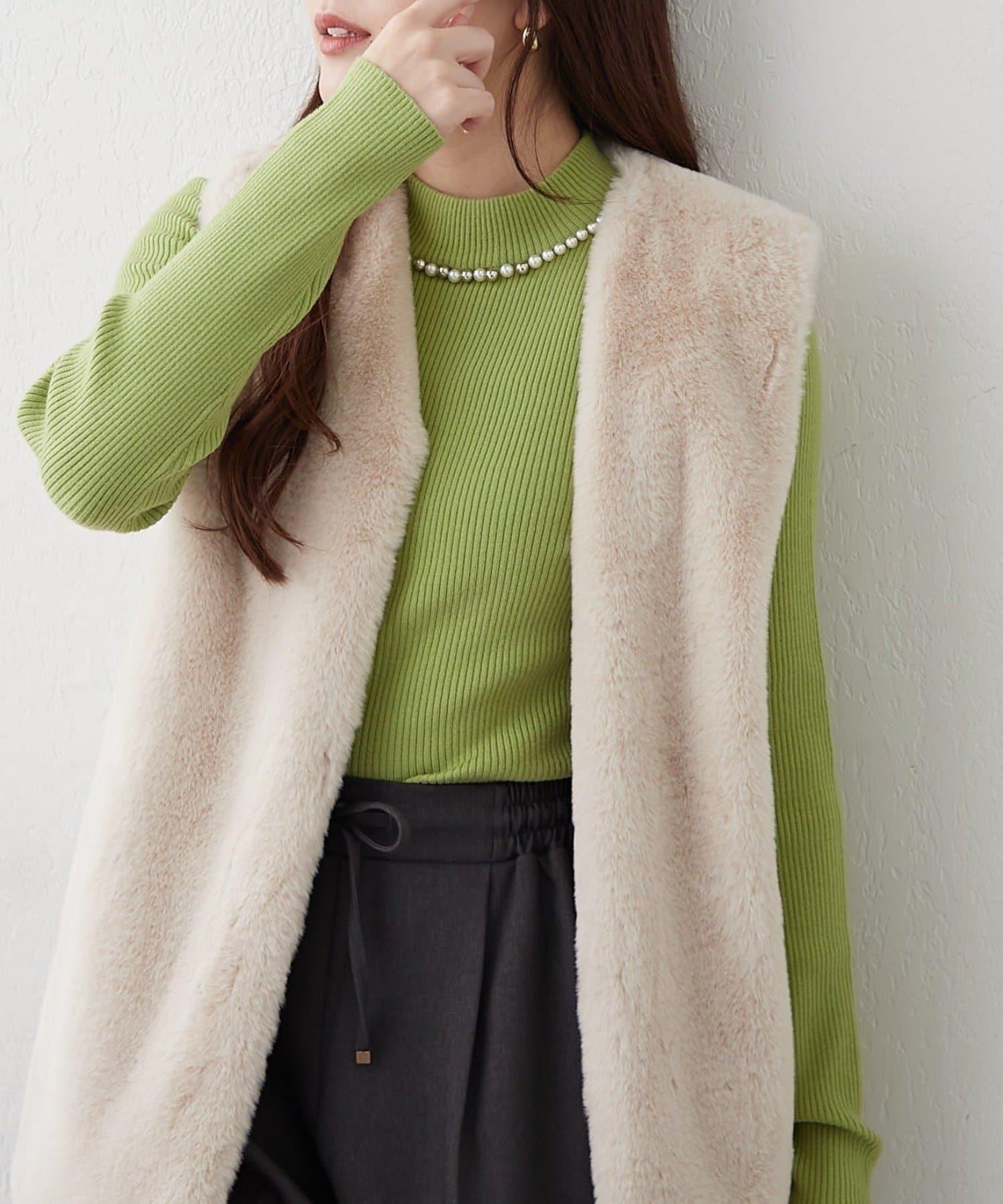 【RMAF】珍珠裝飾小高領羅紋針織衫