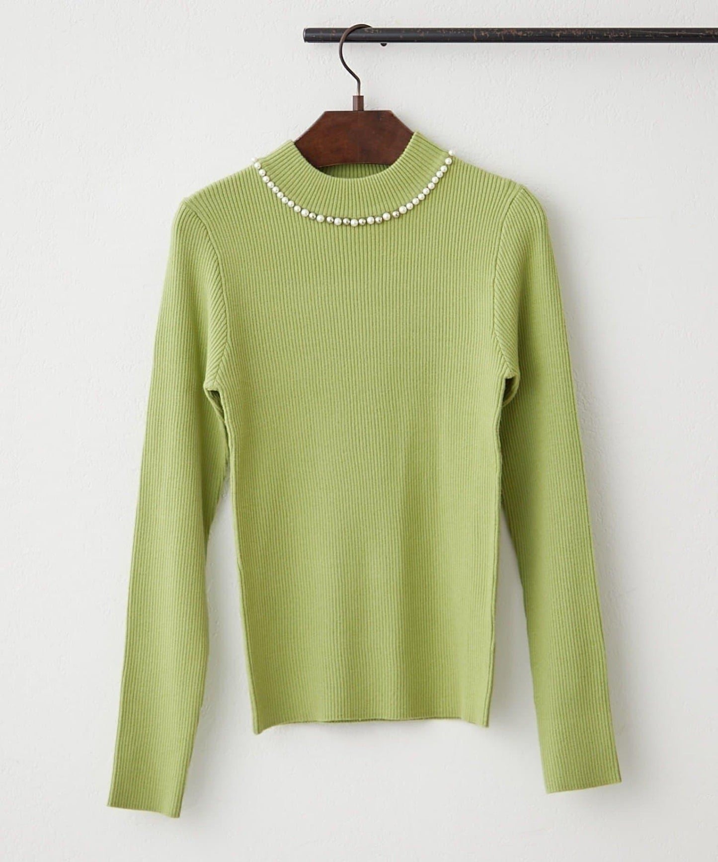 【RMAF】珍珠裝飾小高領羅紋針織衫