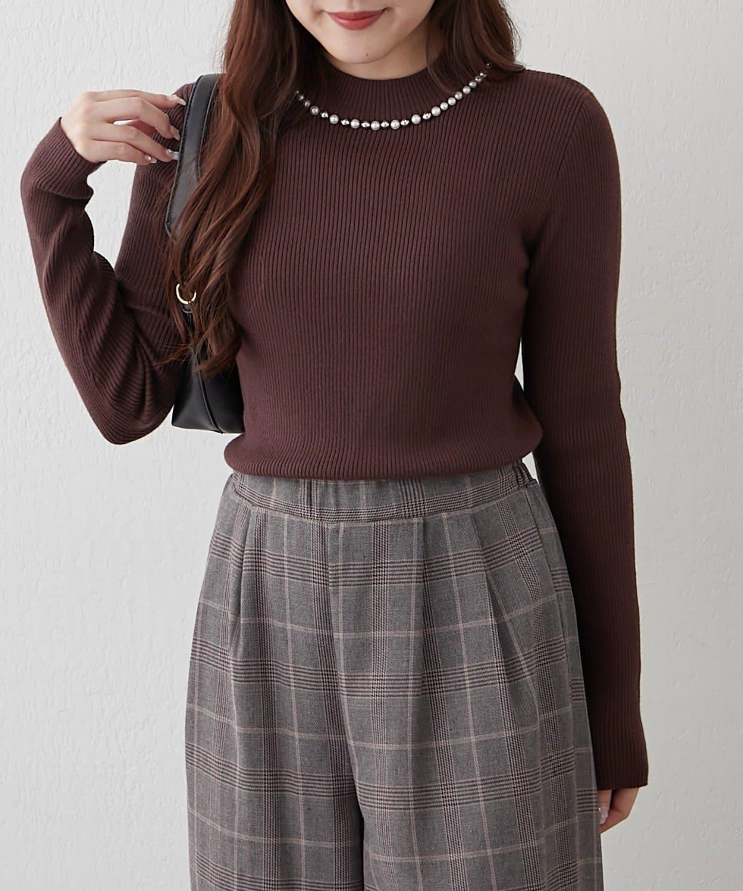 【RMAF】珍珠裝飾小高領羅紋針織衫