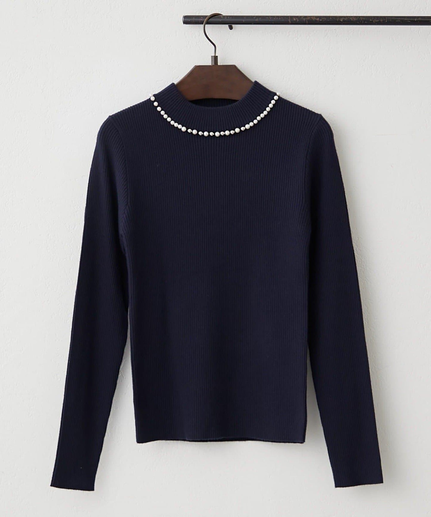 【RMAF】珍珠裝飾小高領羅紋針織衫