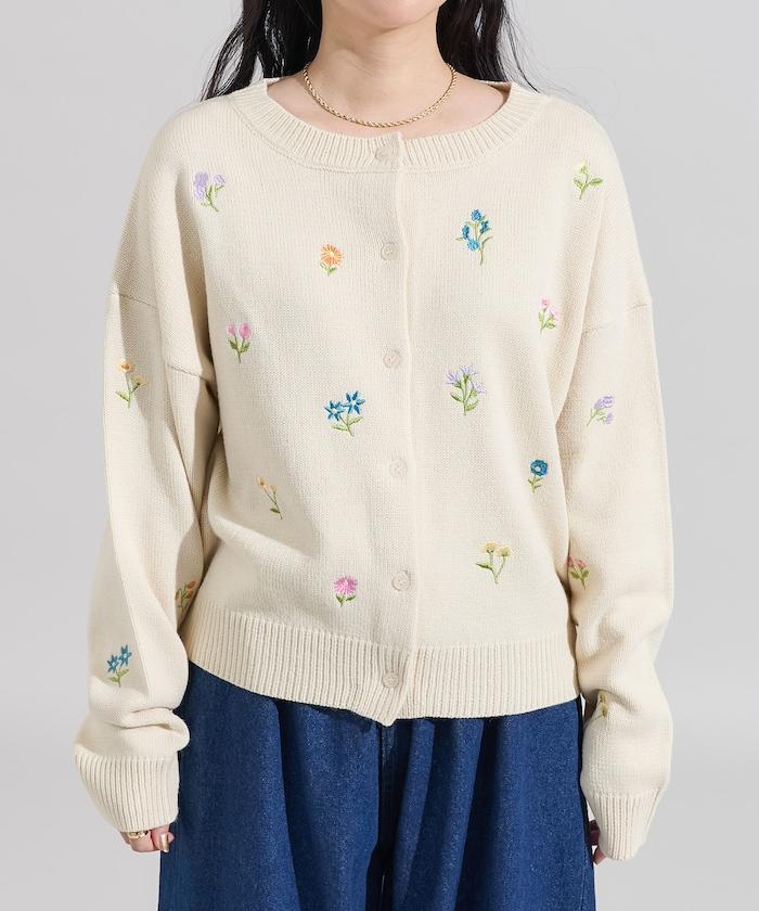 花卉刺繡圓領針織開衫