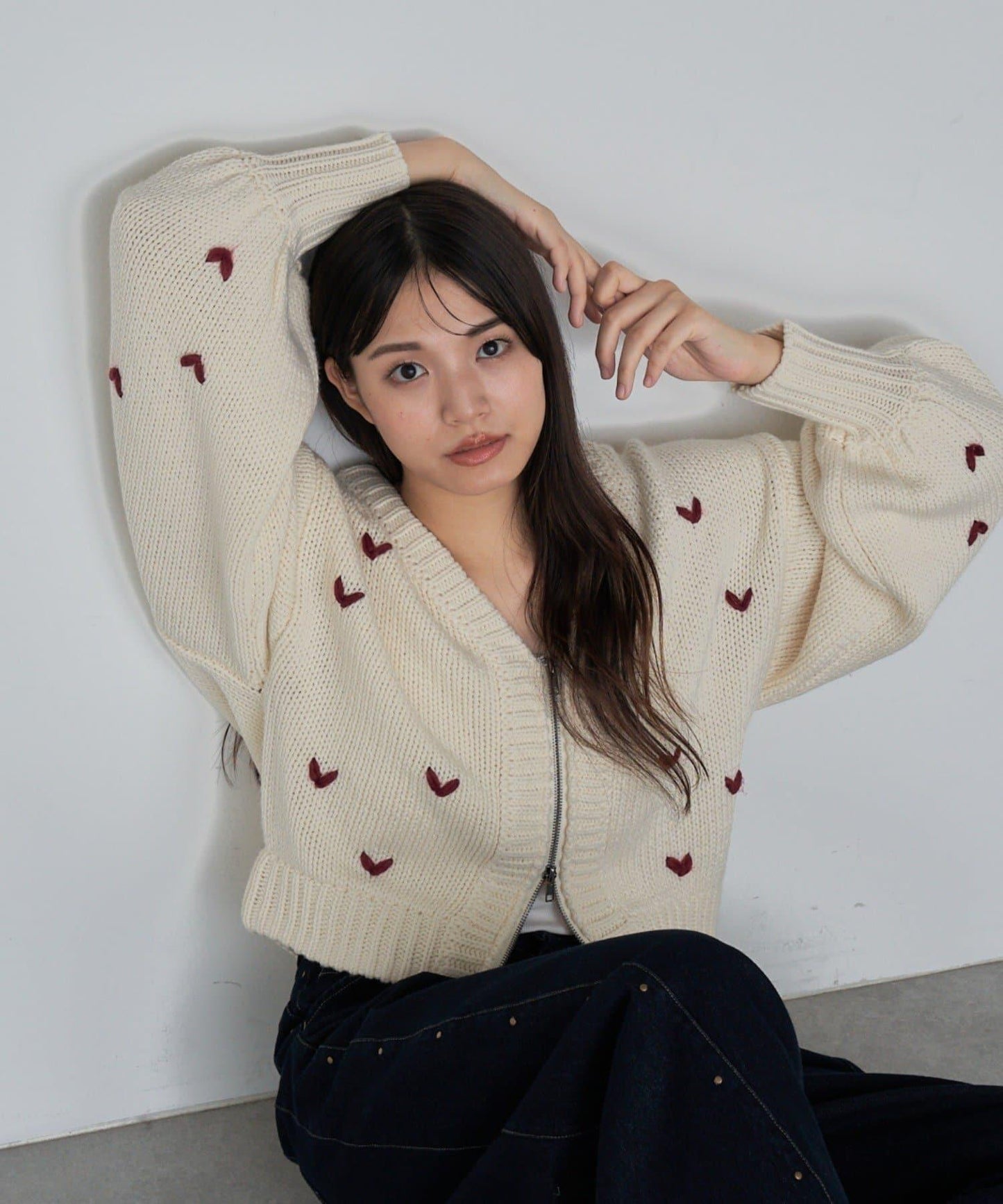 拉鍊式愛心圖案短款開衫