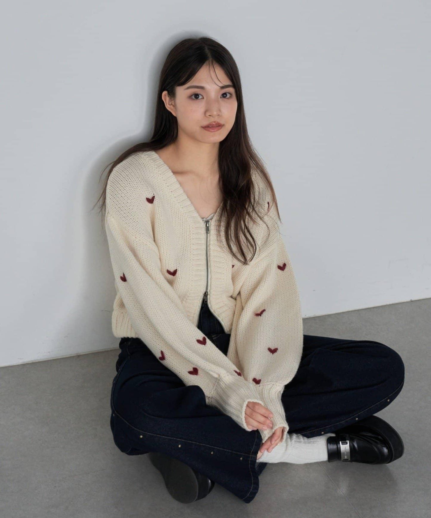 拉鍊式愛心圖案短款開衫