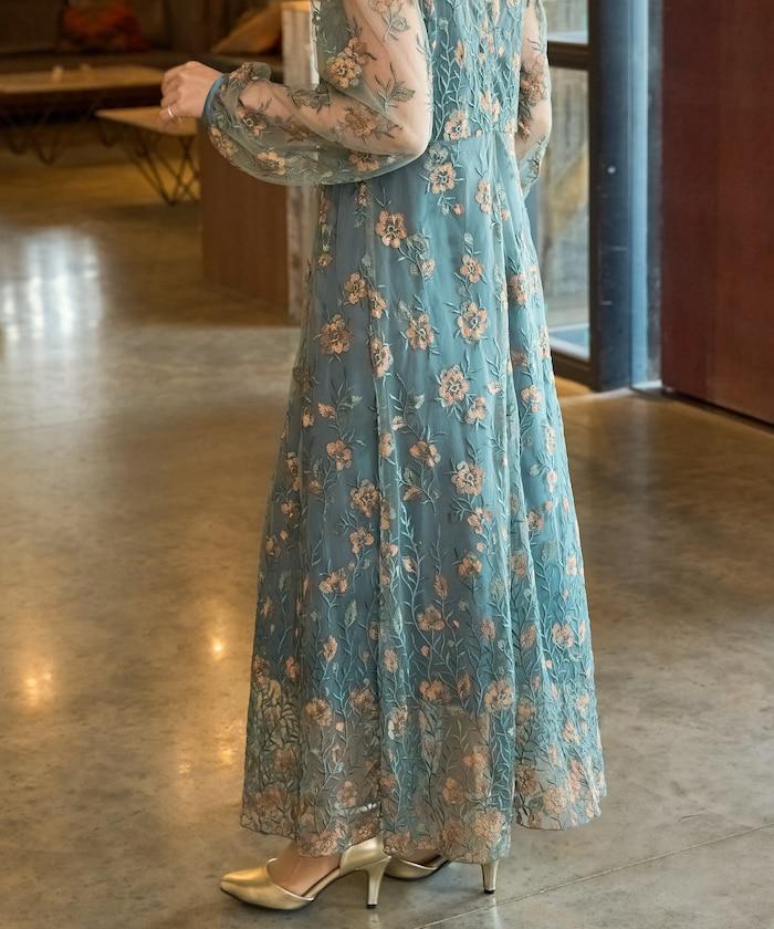 蕾絲刺繡花卉圖案連衣裙禮服