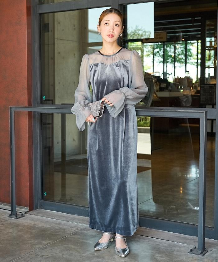 歐根紗天鵝絨拼接泡泡袖連衣裙(禮服)