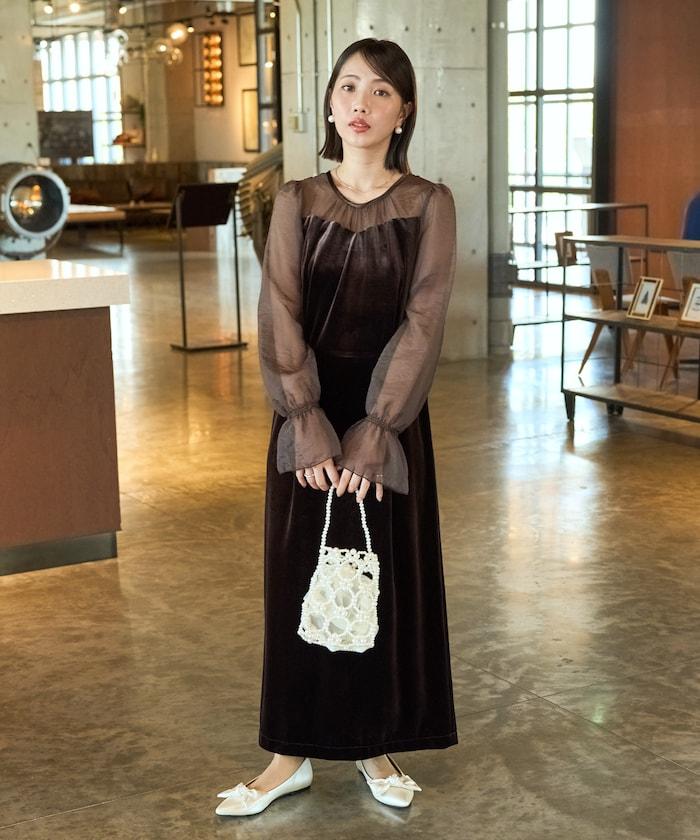 歐根紗天鵝絨拼接泡泡袖連衣裙(禮服)
