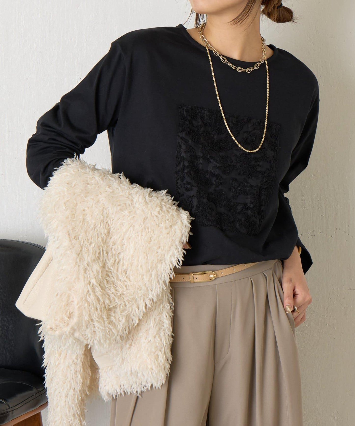 剪裁提花長袖T恤