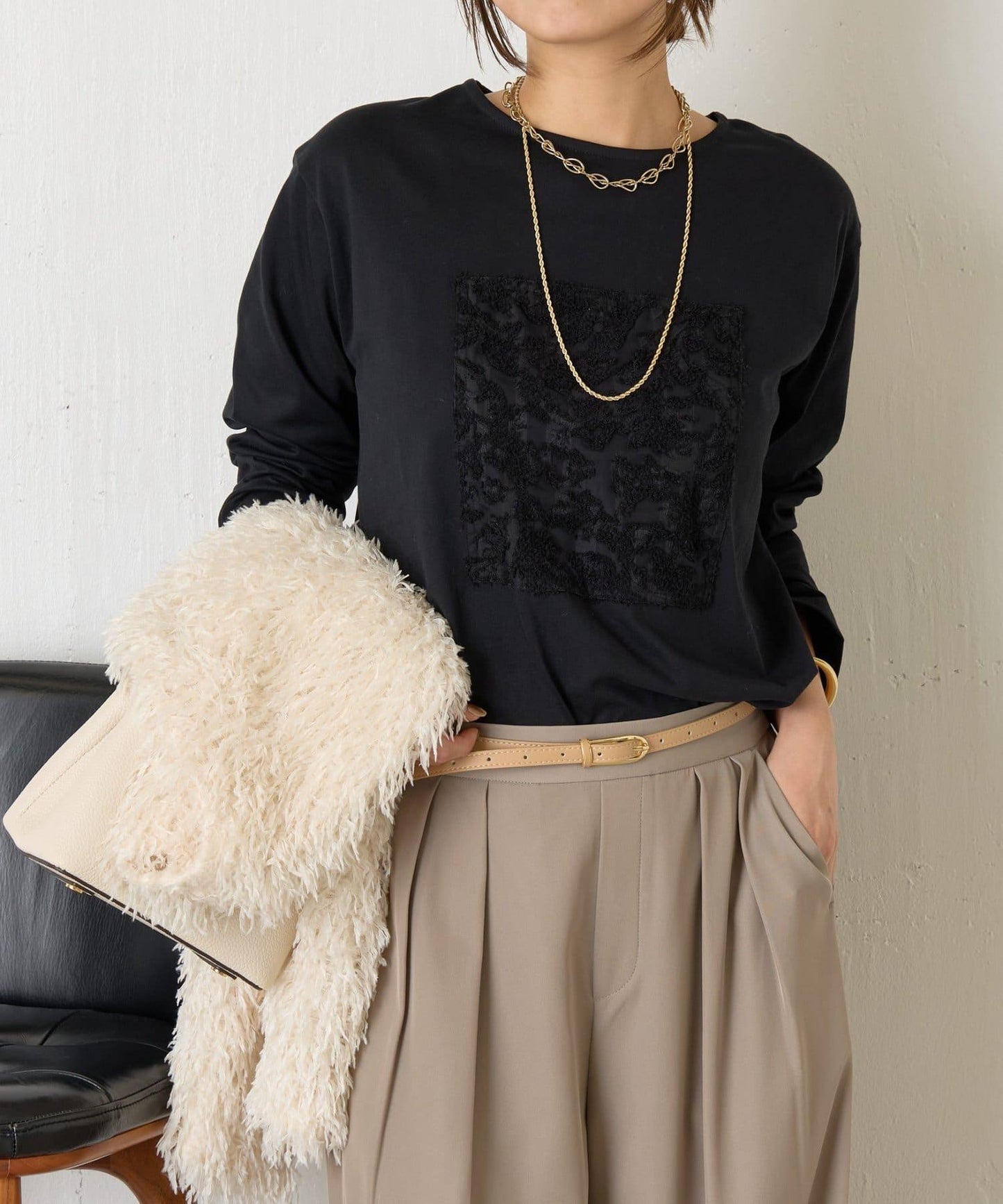 剪裁提花長袖T恤