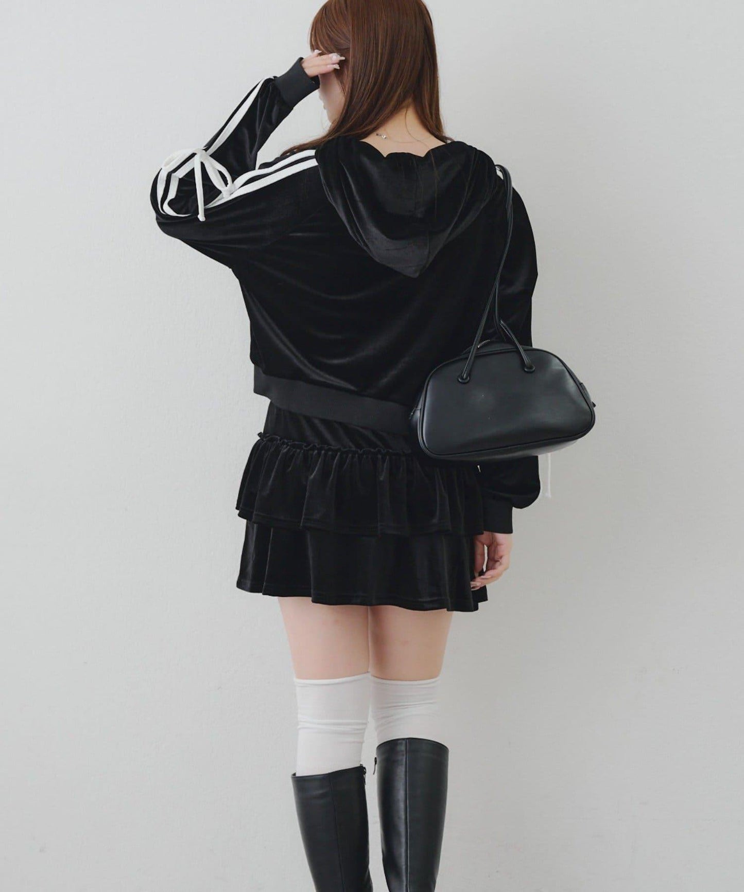 【RMAF】【套裝】袖部蝴蝶結天鵝絨連帽衛衣 & 百褶迷你裙