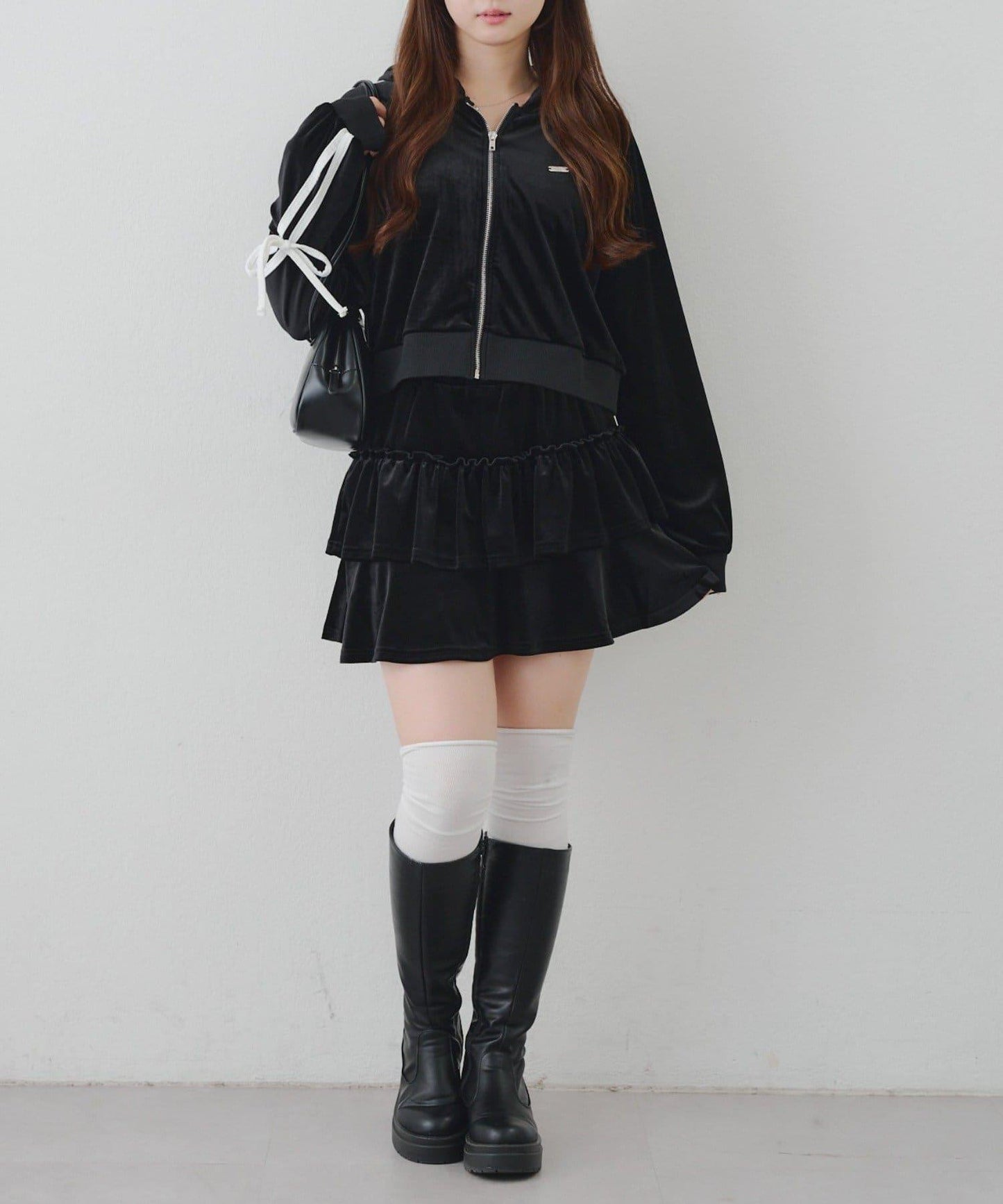 【RMAF】【套裝】袖部蝴蝶結天鵝絨連帽衛衣 & 百褶迷你裙