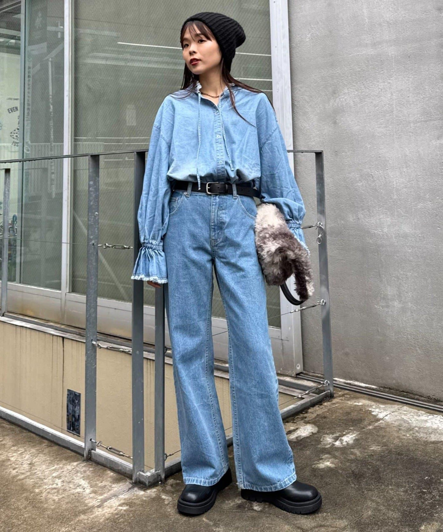 泡泡袖立領牛仔襯衫