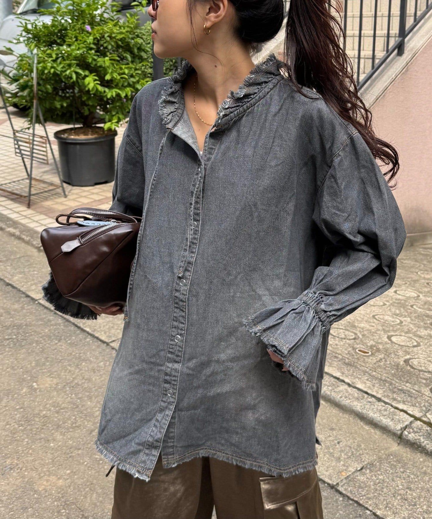 泡泡袖立領牛仔襯衫