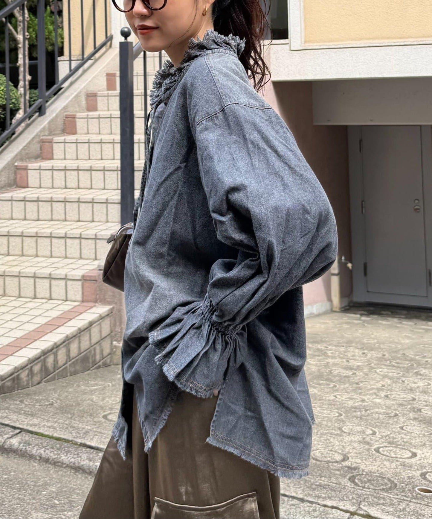 泡泡袖立領牛仔襯衫