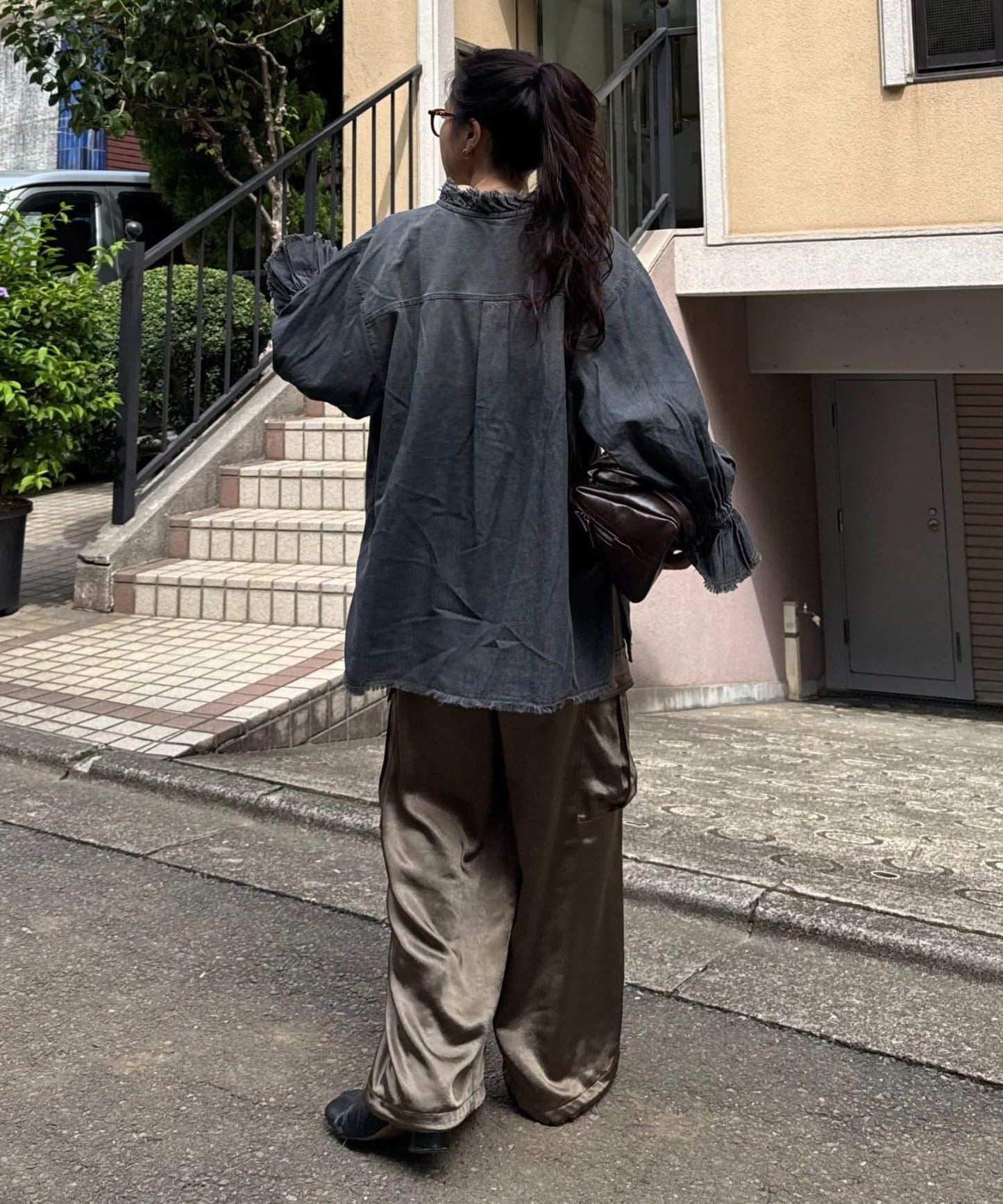 泡泡袖立領牛仔襯衫