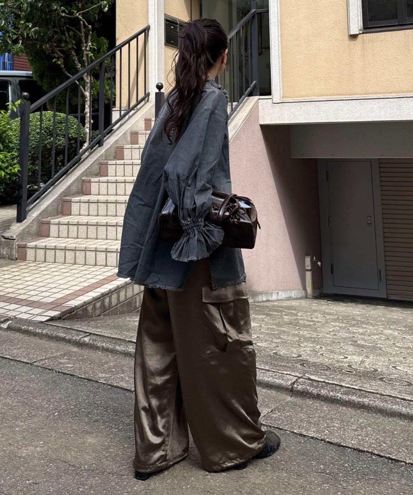 泡泡袖立領牛仔襯衫