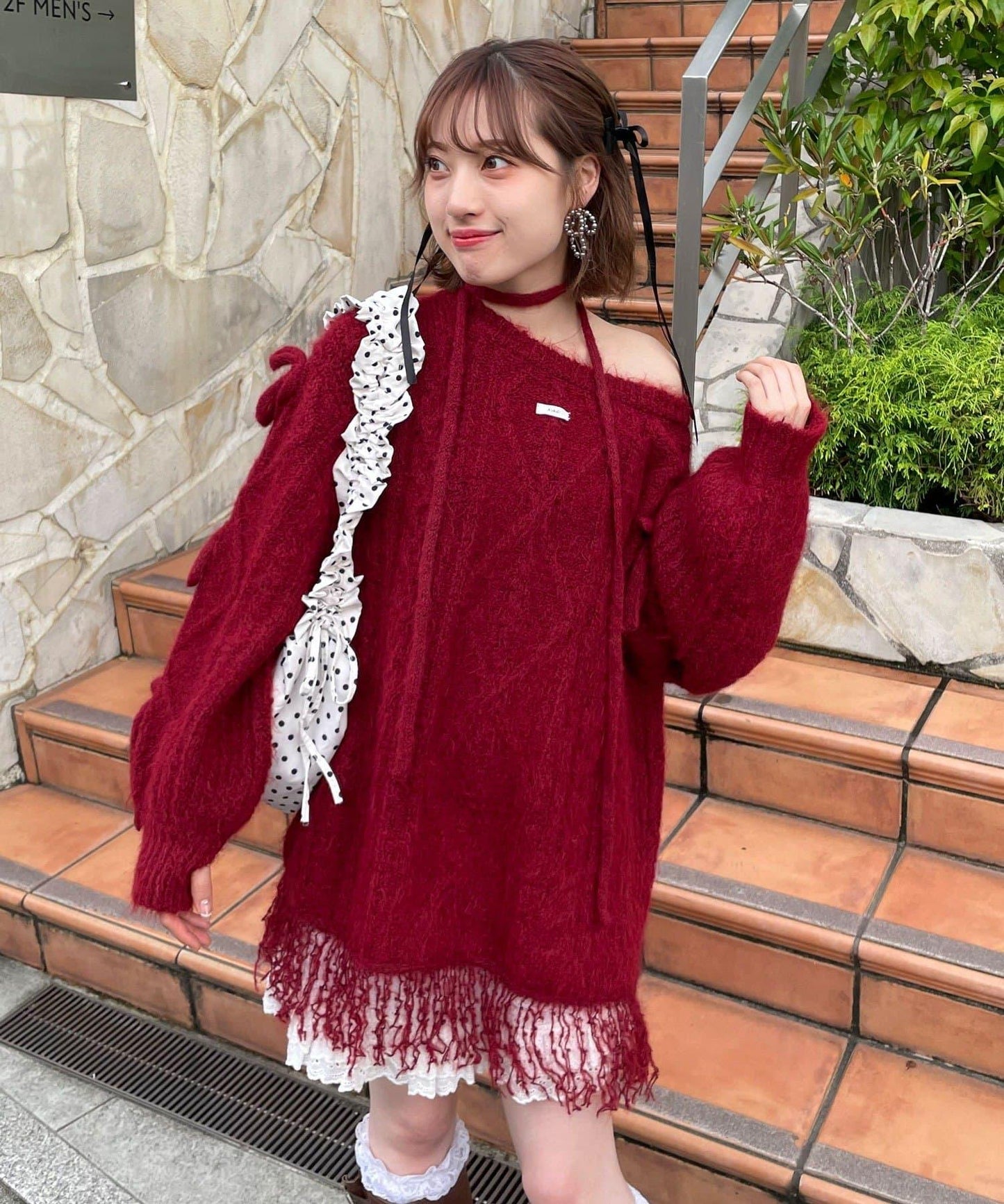 【あやっち(@_acoba_)企畫】麻花編織蝴蝶結流蘇一字肩針織衫