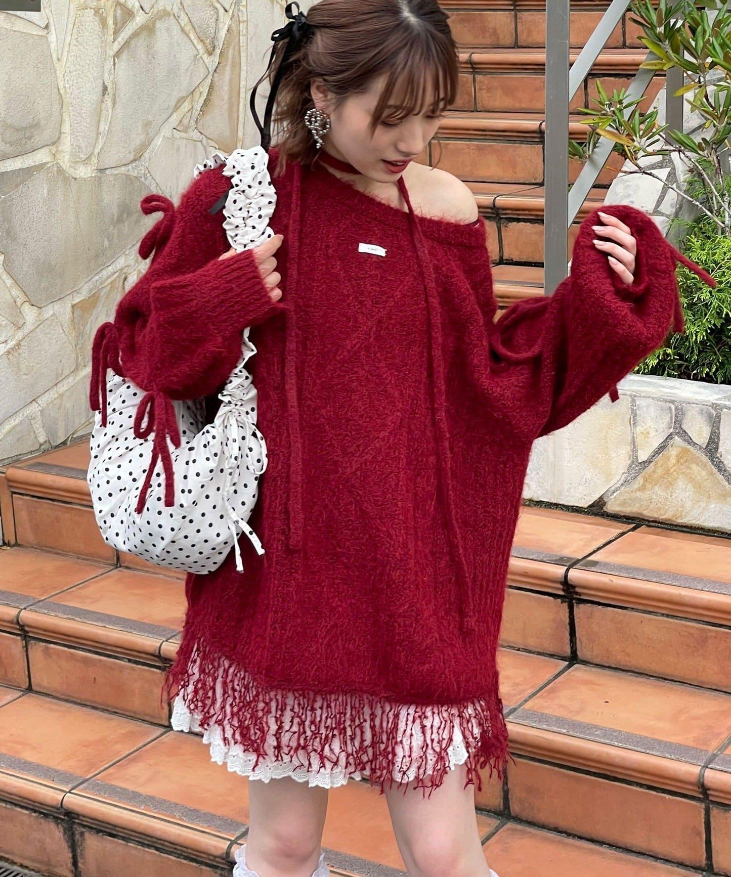 【あやっち(@_acoba_)企畫】麻花編織蝴蝶結流蘇一字肩針織衫