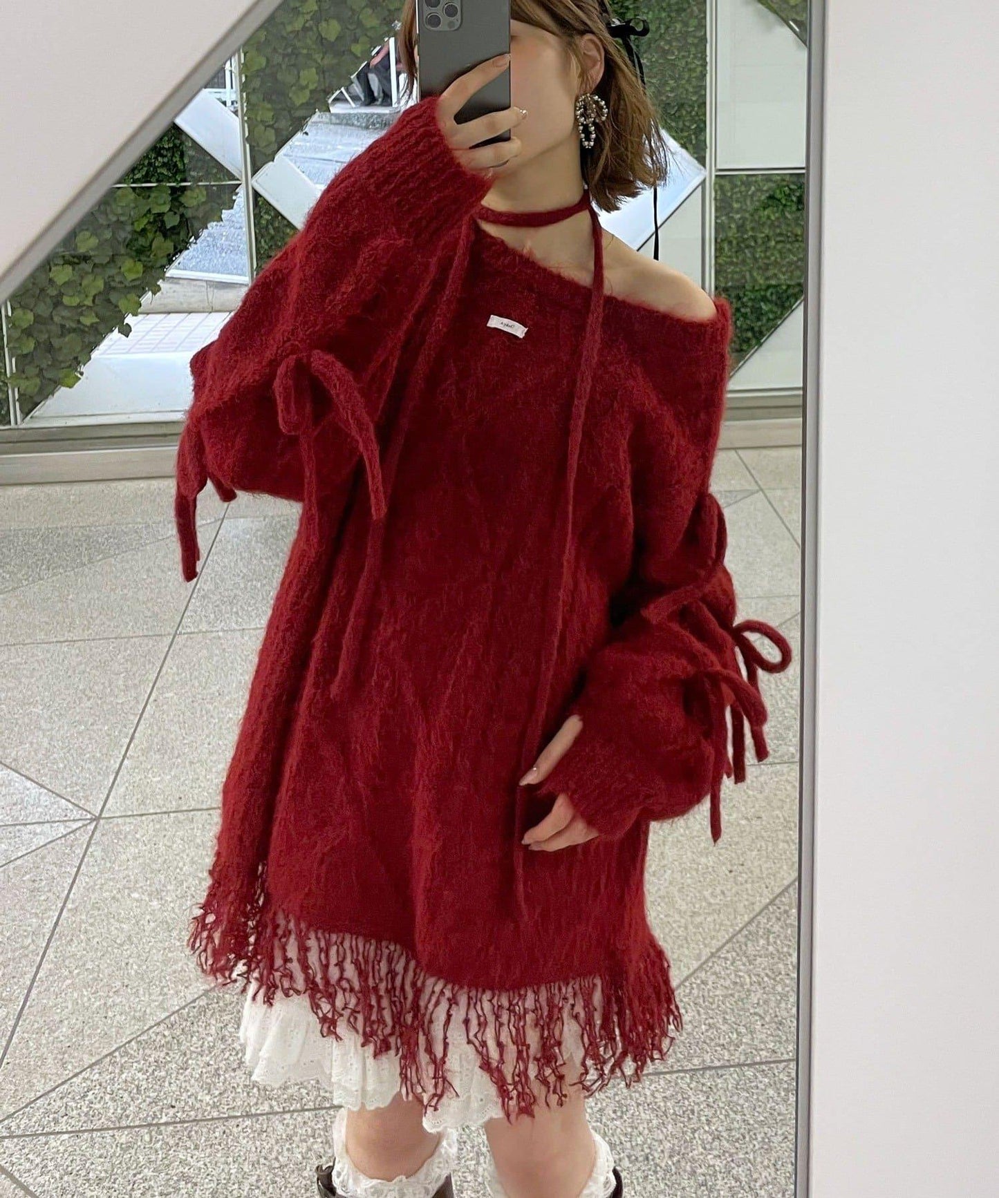 【あやっち(@_acoba_)企畫】麻花編織蝴蝶結流蘇一字肩針織衫