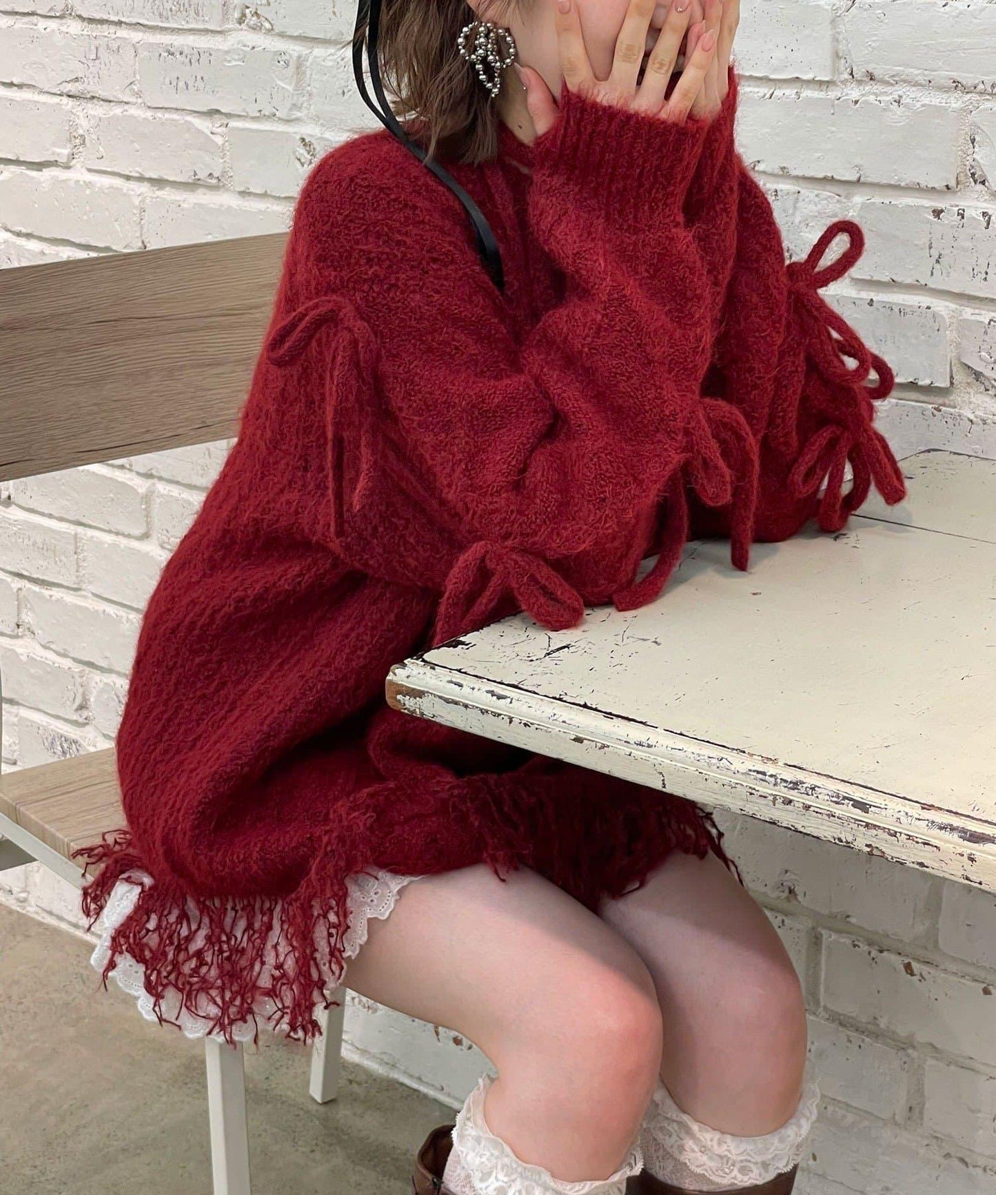 【あやっち(@_acoba_)企畫】麻花編織蝴蝶結流蘇一字肩針織衫