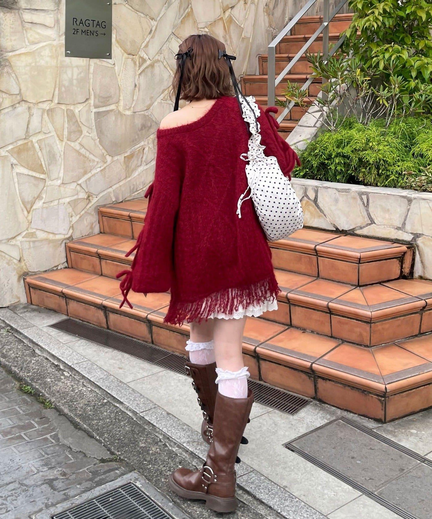 【あやっち(@_acoba_)企畫】麻花編織蝴蝶結流蘇一字肩針織衫