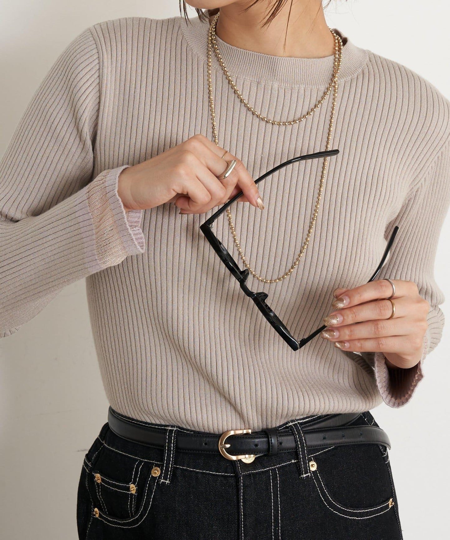 袖部透視拼接羅紋針織衫