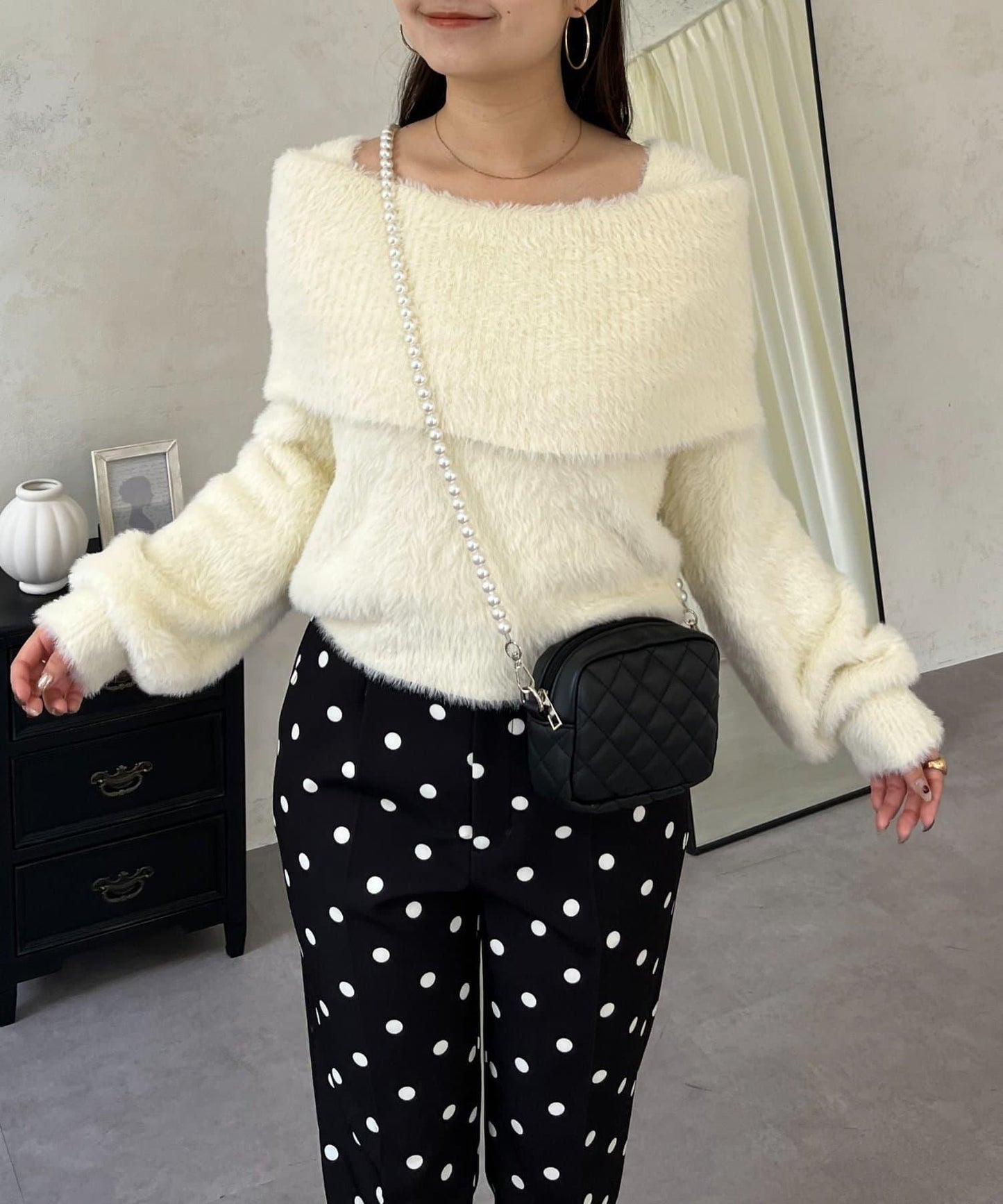 【前後兩穿】一字肩蝴蝶結毛絨針織衫