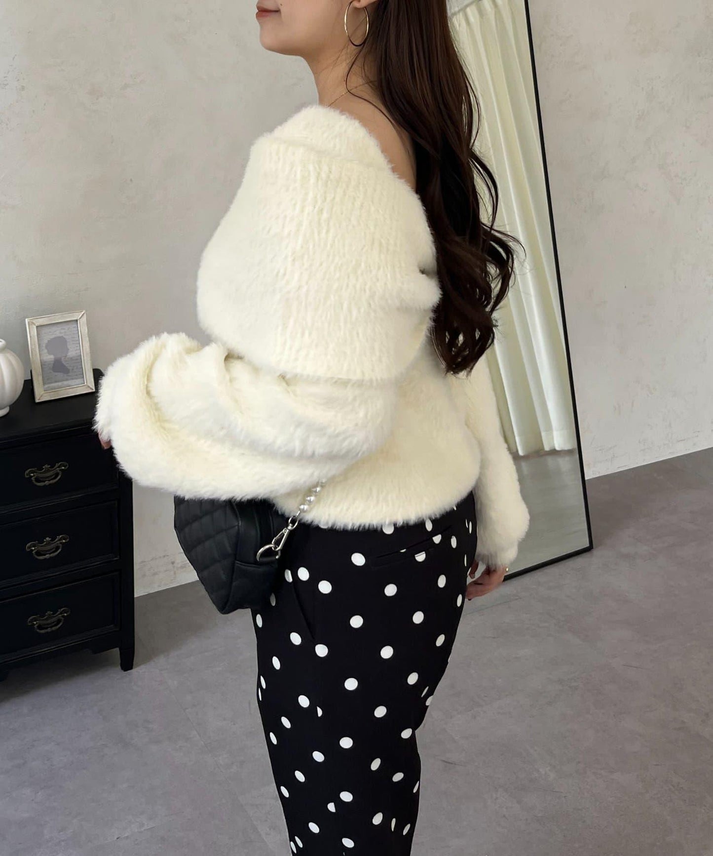 【前後兩穿】一字肩蝴蝶結毛絨針織衫