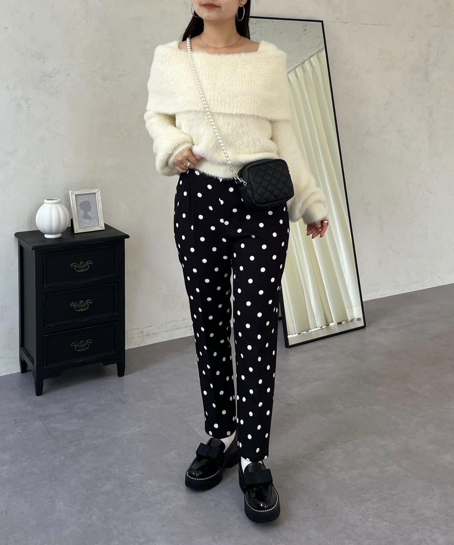 【前後兩穿】一字肩蝴蝶結毛絨針織衫