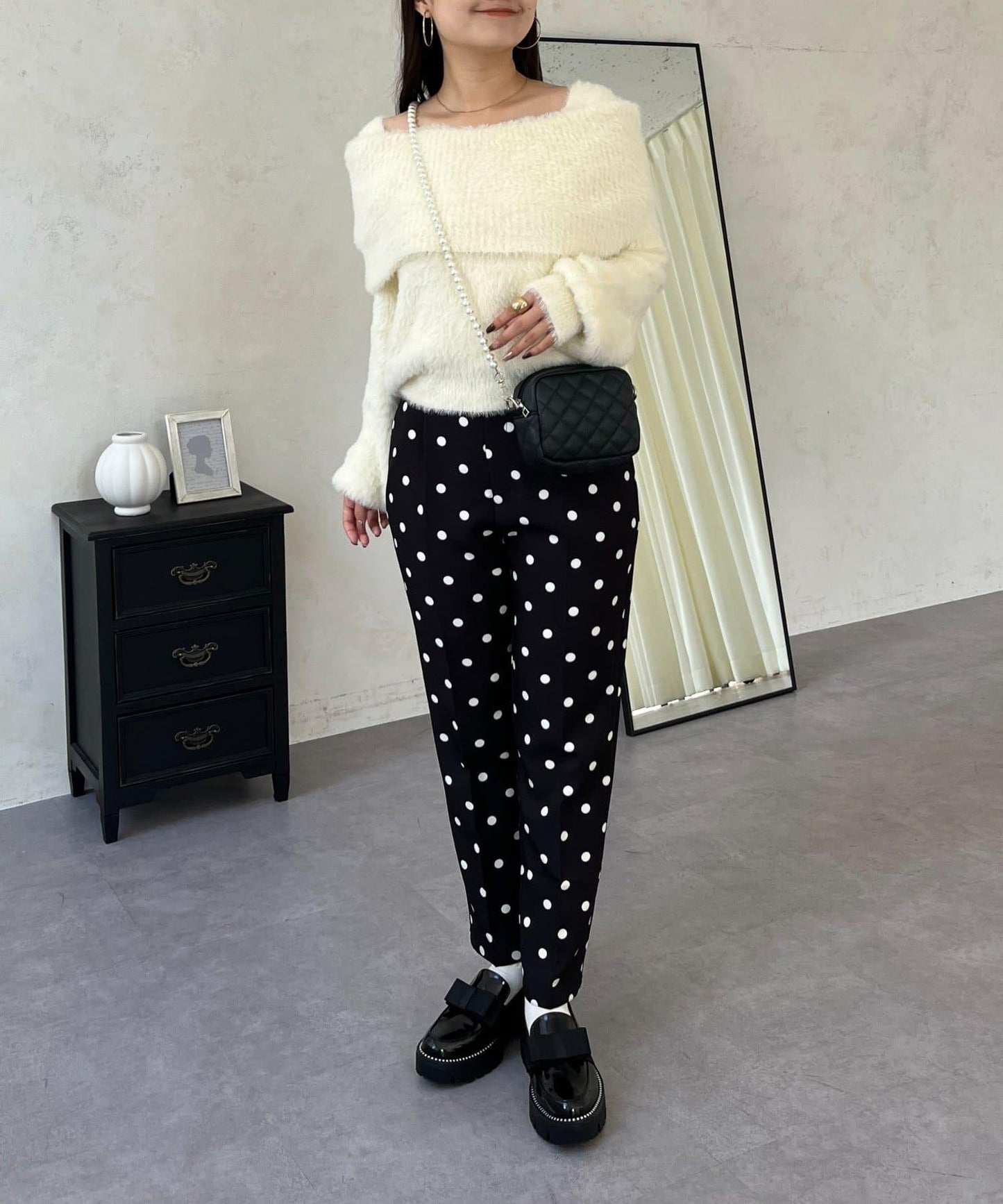 【前後兩穿】一字肩蝴蝶結毛絨針織衫