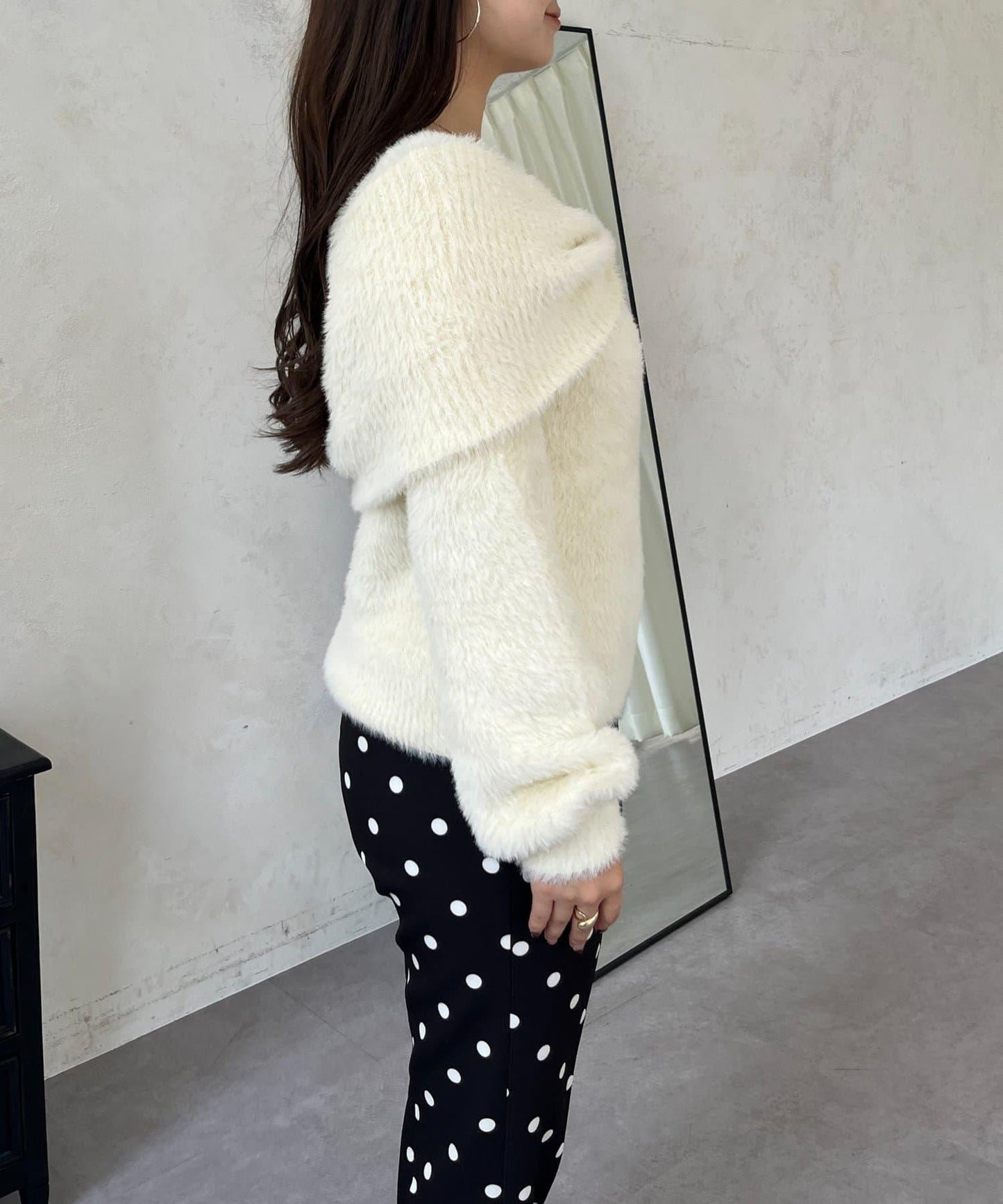 【前後兩穿】一字肩蝴蝶結毛絨針織衫