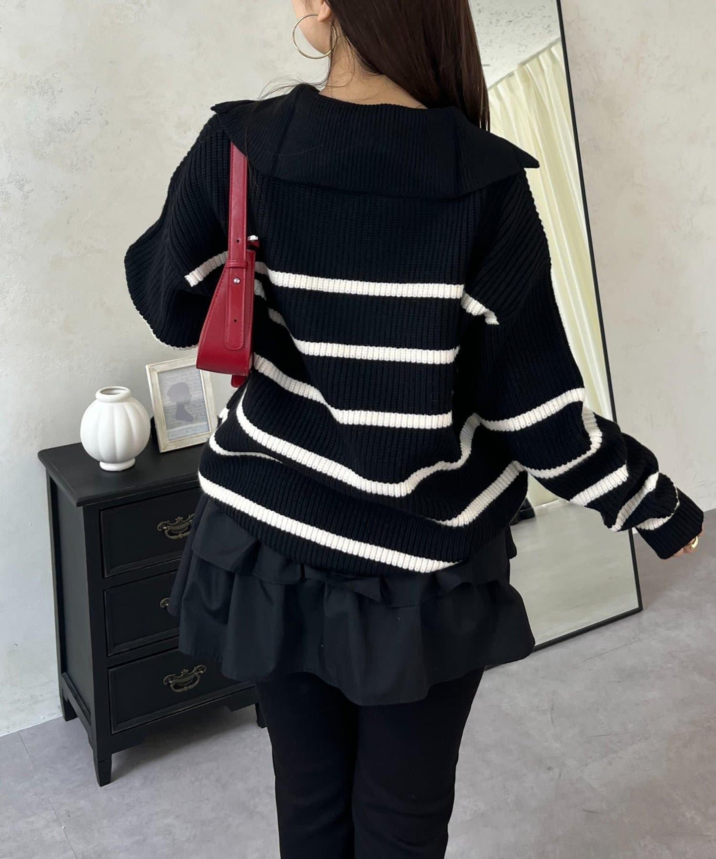 徽章標誌半拉鍊條紋針織衫