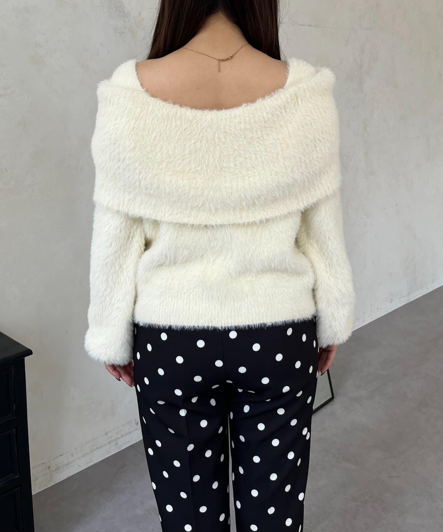 【前後兩穿】一字肩蝴蝶結毛絨針織衫