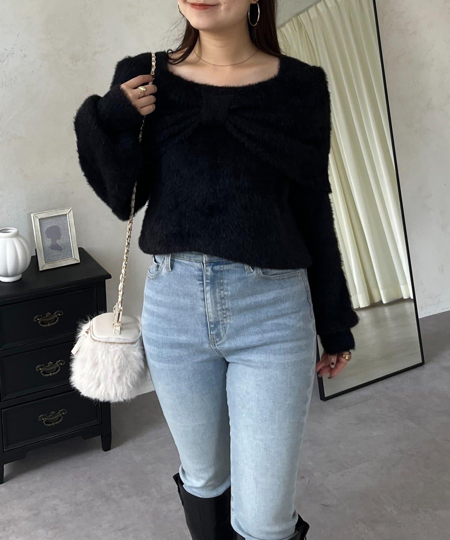 【前後兩穿】一字肩蝴蝶結毛絨針織衫