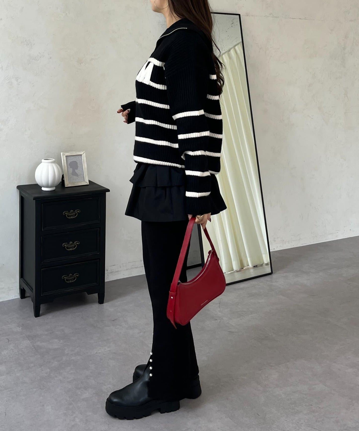 徽章標誌半拉鍊條紋針織衫