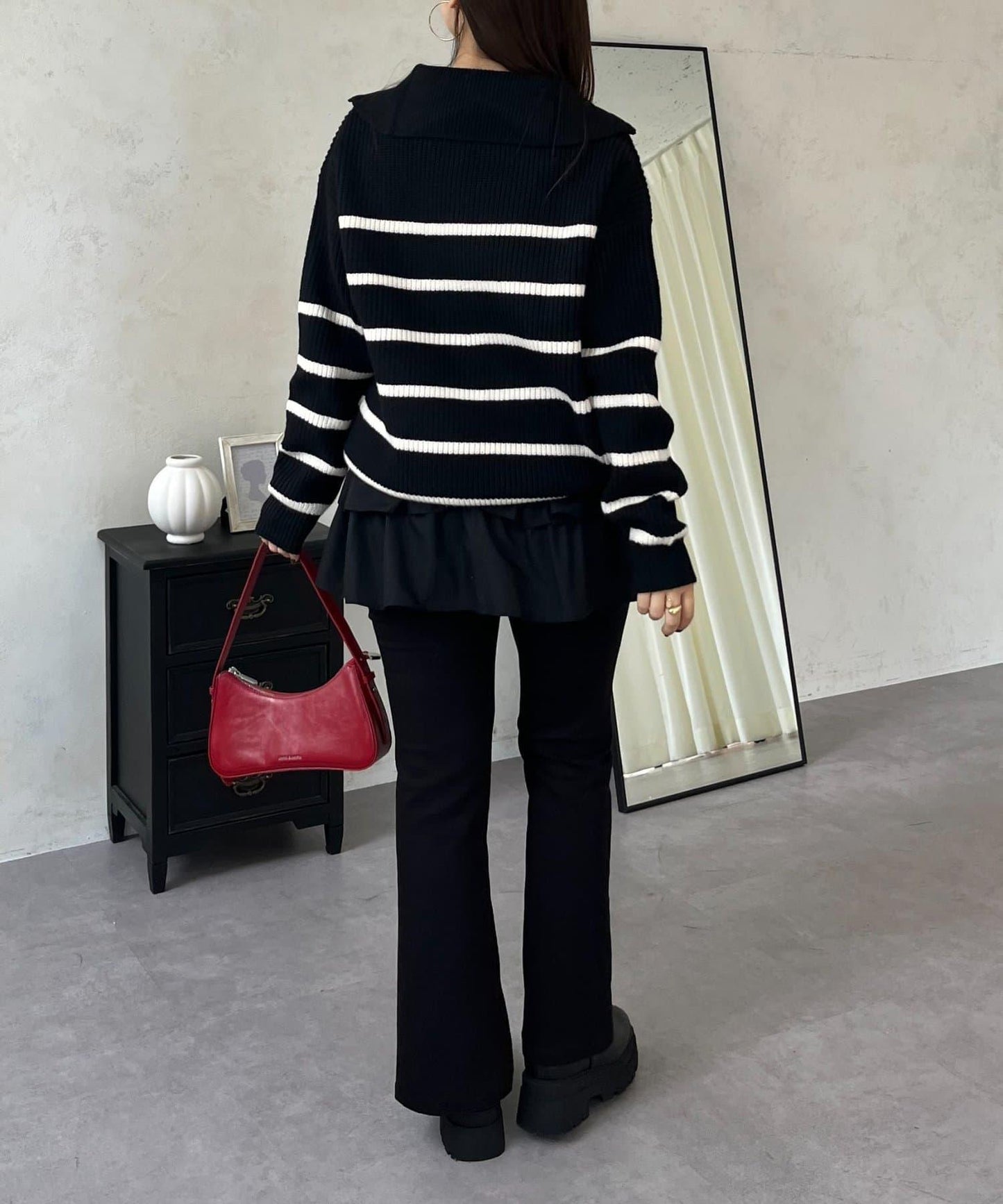 徽章標誌半拉鍊條紋針織衫